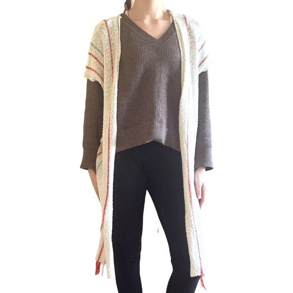 Women's cotton knit ivory stripe fringe boho duster cover up size s/m - Picture 7 of 9